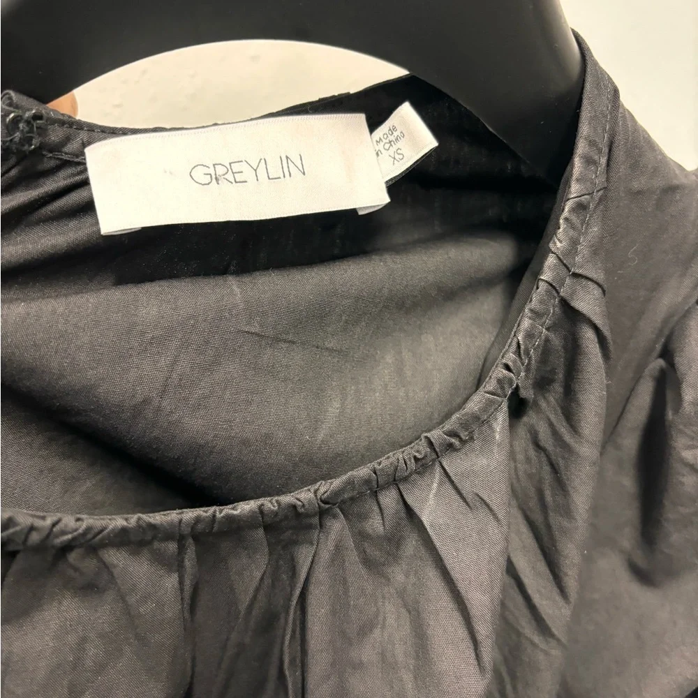 GREYLIN Gloria Poplin Tiered Dress BlackTie waist Midi Puff Sleeve Shirred Waist - Picture 6 of 8